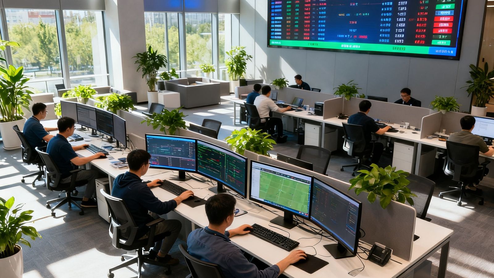 捷报比分北京总部开放式办公区全景，数十名工程师在三联屏工作站前专注工作，墙面上的大型LED屏幕实时滚动着全球各地球赛比分数据，阳光透过落地窗洒在绿植点缀的现代办公空间中。